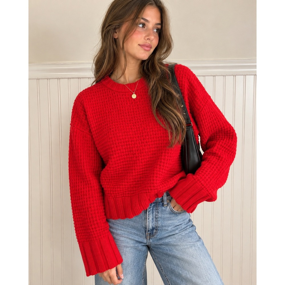 Jessica Simpson Red Waffle Knit Cropped Crewneck Sweater Medium
